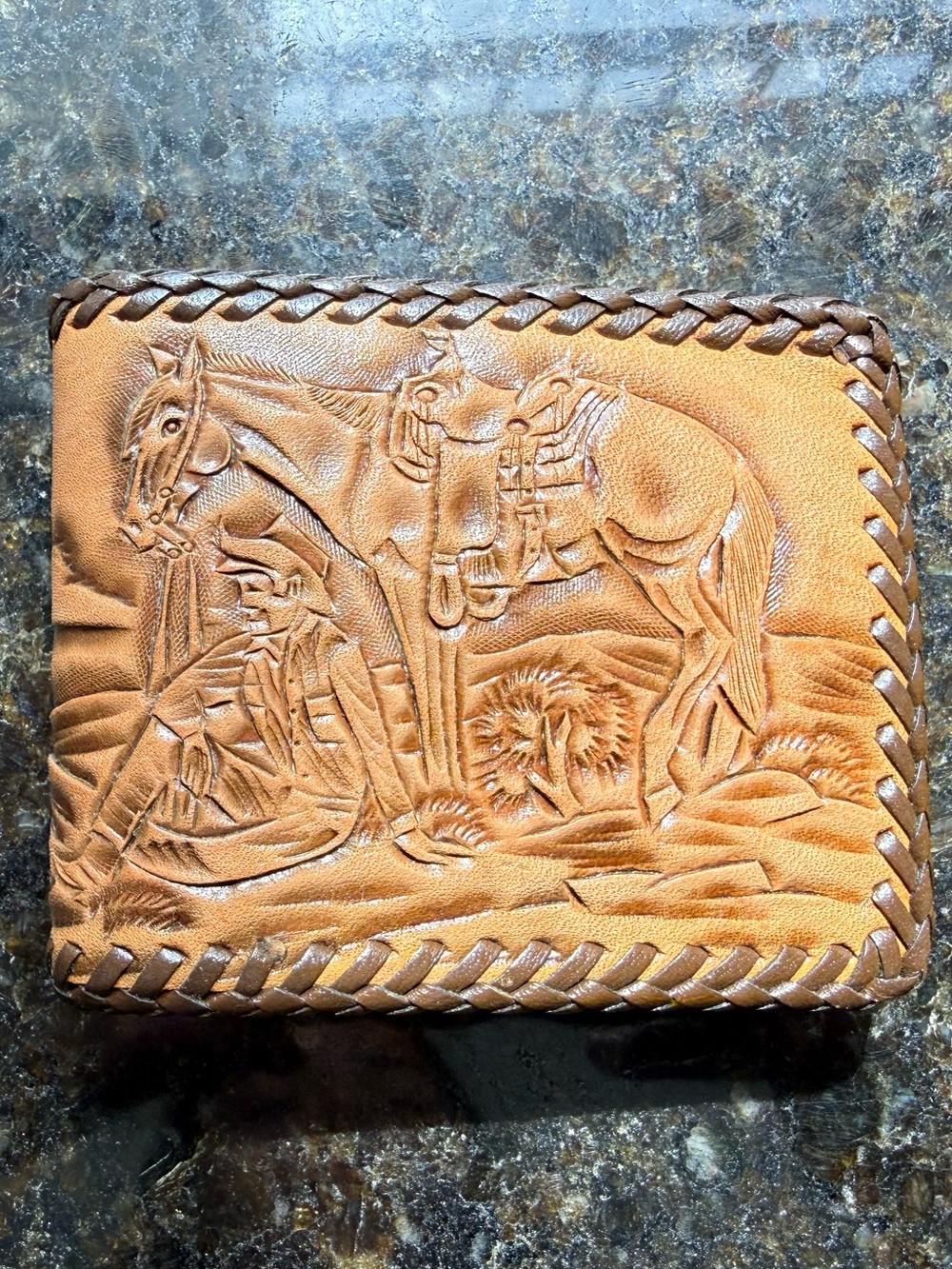 Vintage Hand - Tooled Leather Western Horse Motif Bifold Wallet Made In Mexico